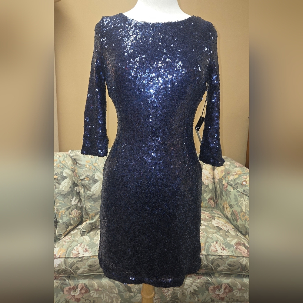 Lulu's Midnight Blue Sequin Long Sleeve Dress